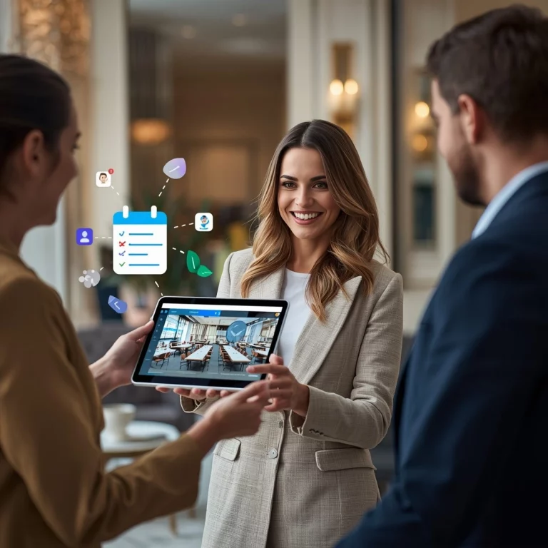 Laptop mit moderner Event- und Raumplanungssoftware, GUI-Elemente und stilisierte Hintergründe